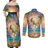 Aloha Hawaii Couples Matching Off Shoulder Maxi Dress and Long Sleeve Button Shirt Hula Martini Tropical Vibes - Polynesian Pride