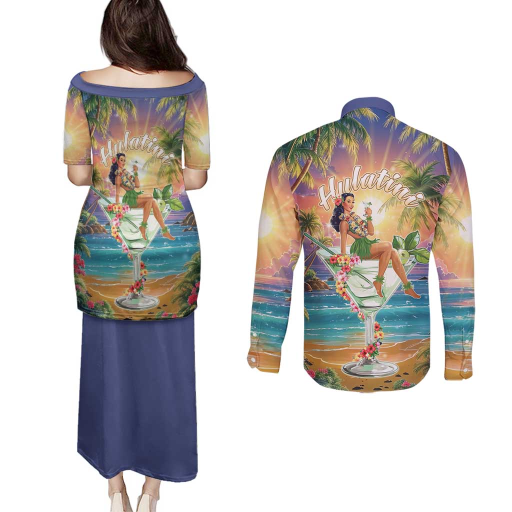 Aloha Hawaii Couples Matching Puletasi and Long Sleeve Button Shirt Hula Martini Tropical Vibes - Polynesian Pride