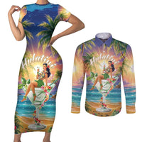 Aloha Hawaii Couples Matching Short Sleeve Bodycon Dress and Long Sleeve Button Shirt Hula Martini Tropical Vibes - Polynesian Pride