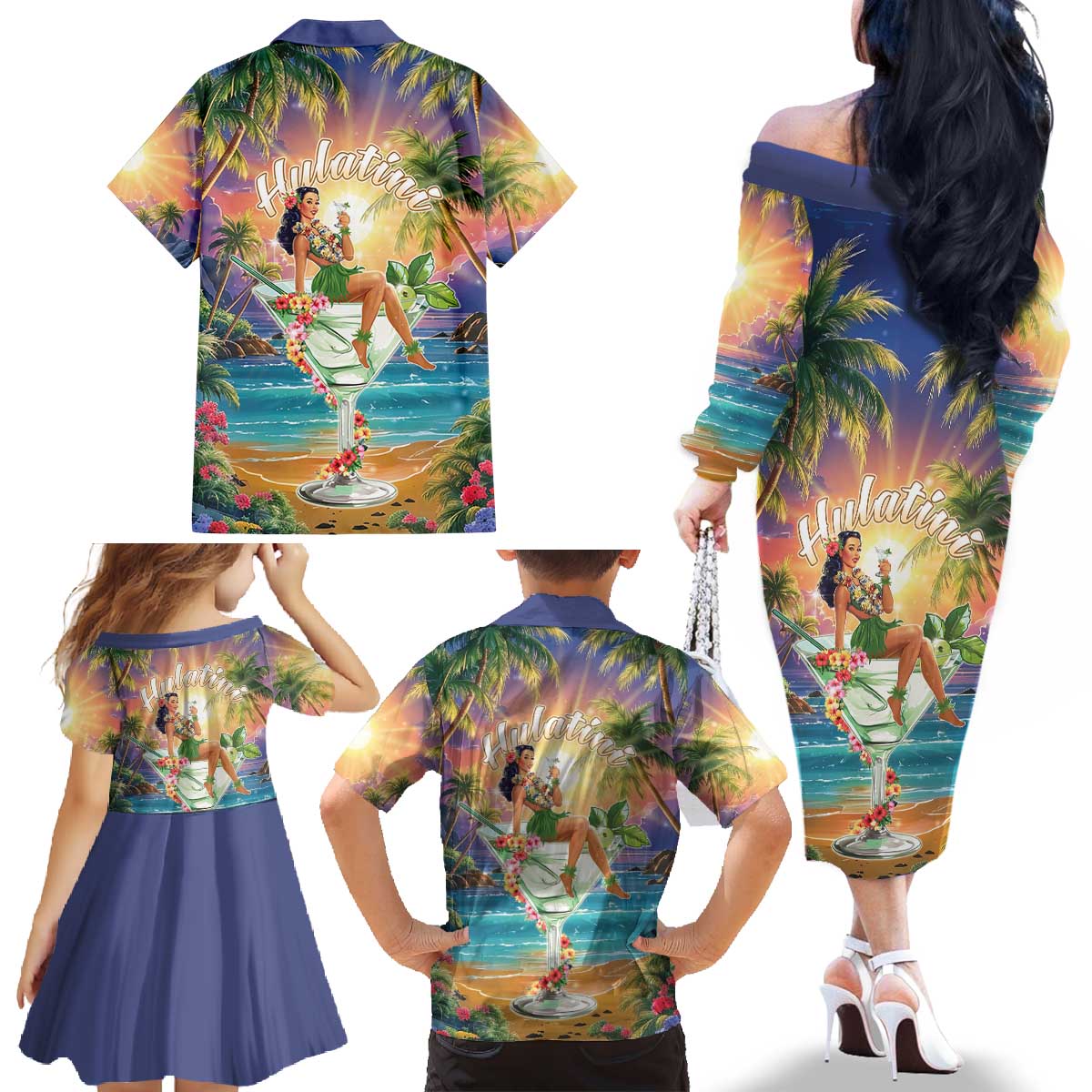 Aloha Hawaii Family Matching Off The Shoulder Long Sleeve Dress and Hawaiian Shirt Hula Martini Tropical Vibes - Polynesian Pride