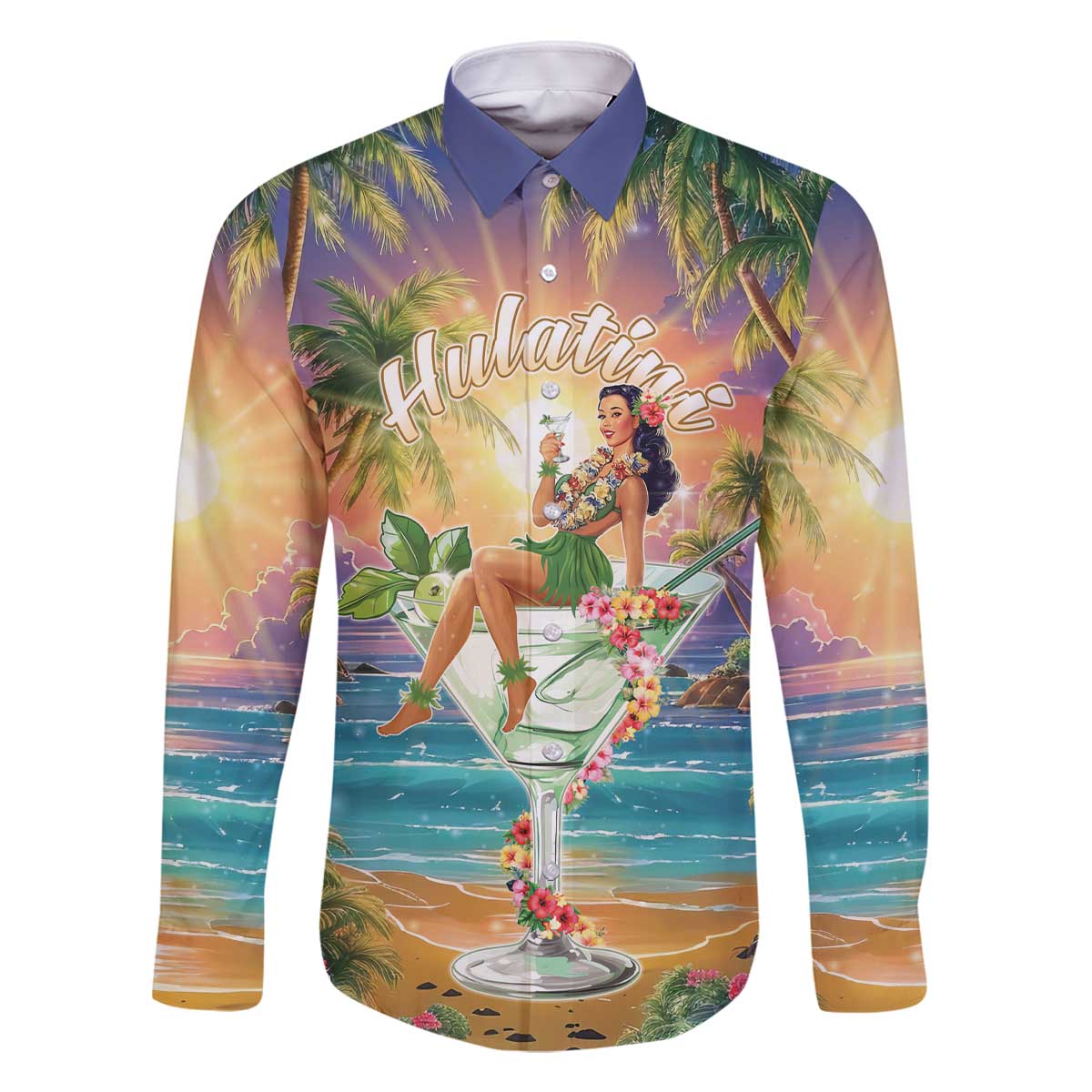 Aloha Hawaii Family Matching Off The Shoulder Long Sleeve Dress and Hawaiian Shirt Hula Martini Tropical Vibes - Polynesian Pride