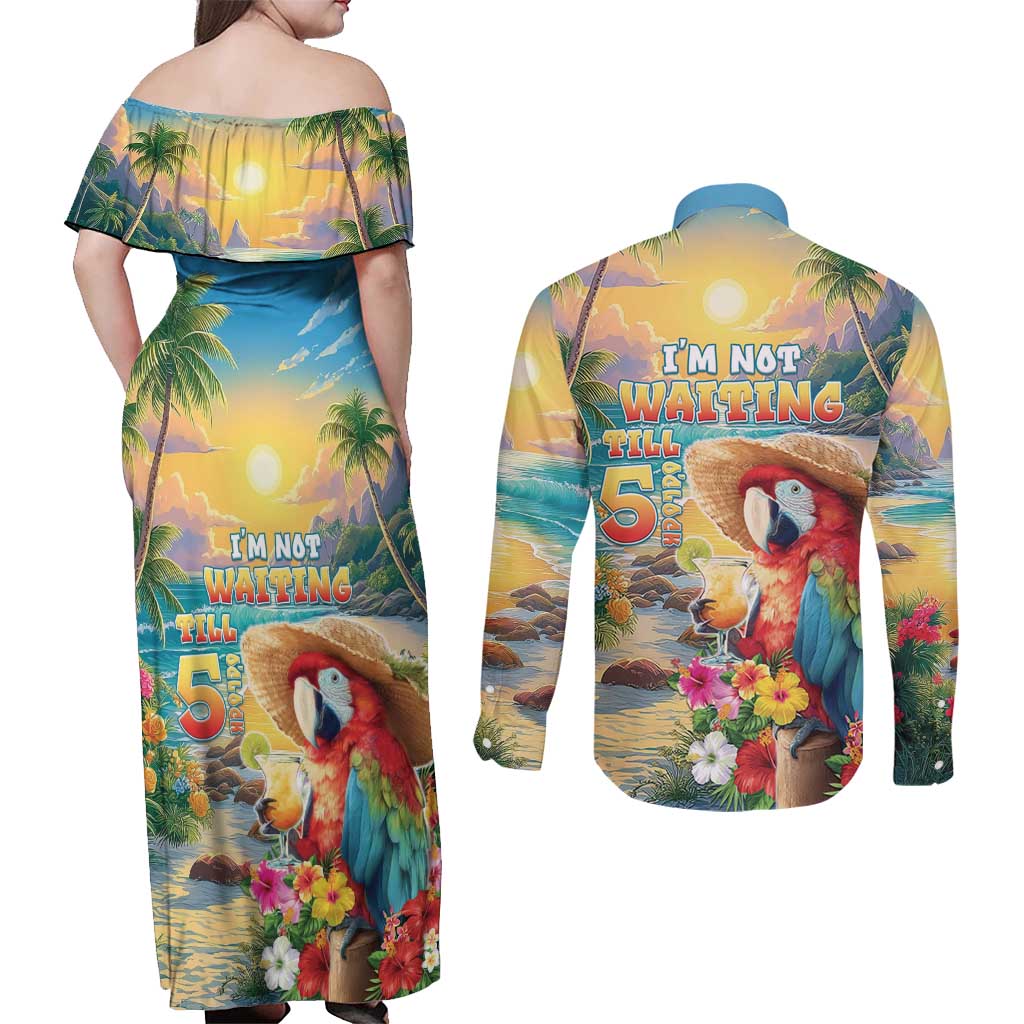 Hawaii Parrot Couples Matching Off Shoulder Maxi Dress and Long Sleeve Button Shirt Im Not Waiting Till 5 Oclock LT05 - Polynesian Pride