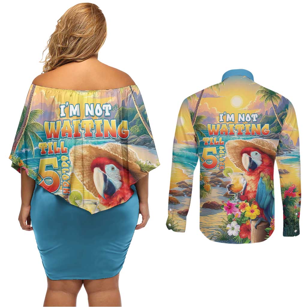 Hawaii Parrot Couples Matching Off Shoulder Short Dress and Long Sleeve Button Shirt Im Not Waiting Till 5 Oclock LT05 - Polynesian Pride