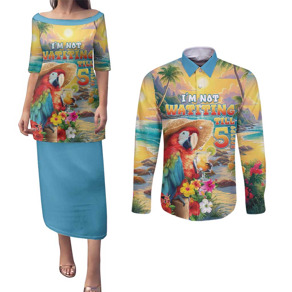 Hawaii Parrot Couples Matching Puletasi and Long Sleeve Button Shirt Im Not Waiting Till 5 Oclock - Polynesian Pride