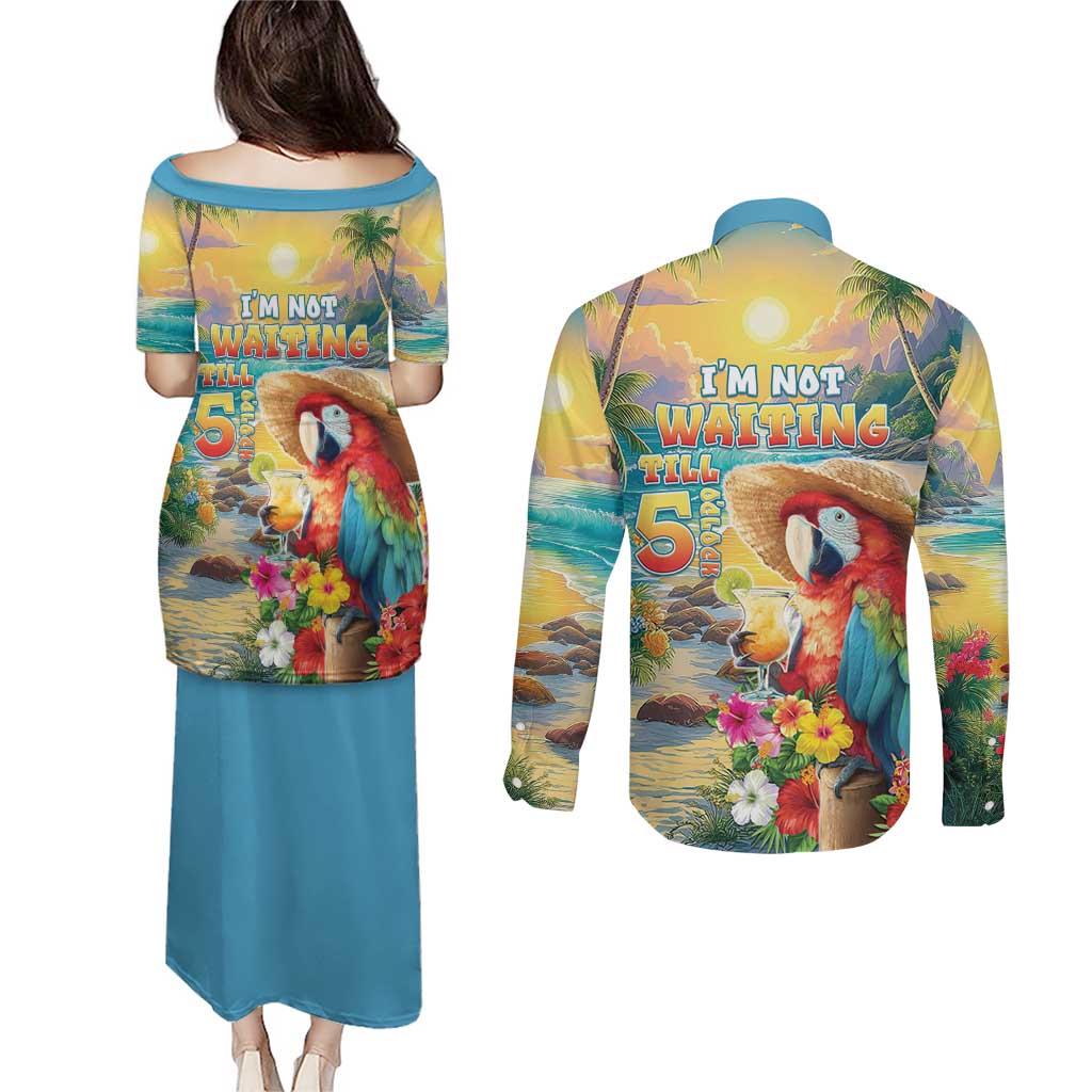 Hawaii Parrot Couples Matching Puletasi and Long Sleeve Button Shirt Im Not Waiting Till 5 Oclock LT05 - Polynesian Pride