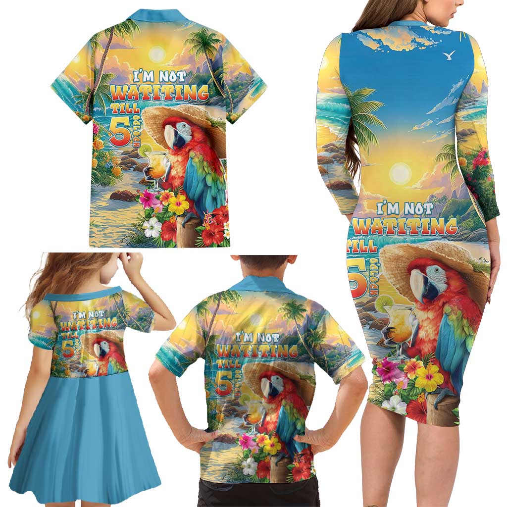 Hawaii Parrot Family Matching Long Sleeve Bodycon Dress and Hawaiian Shirt Im Not Waiting Till 5 Oclock - Polynesian Pride