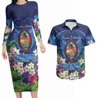 Guam Liberation Day Couples Matching Long Sleeve Bodycon Dress and Hawaiian Shirt Pas Para I Chamoru