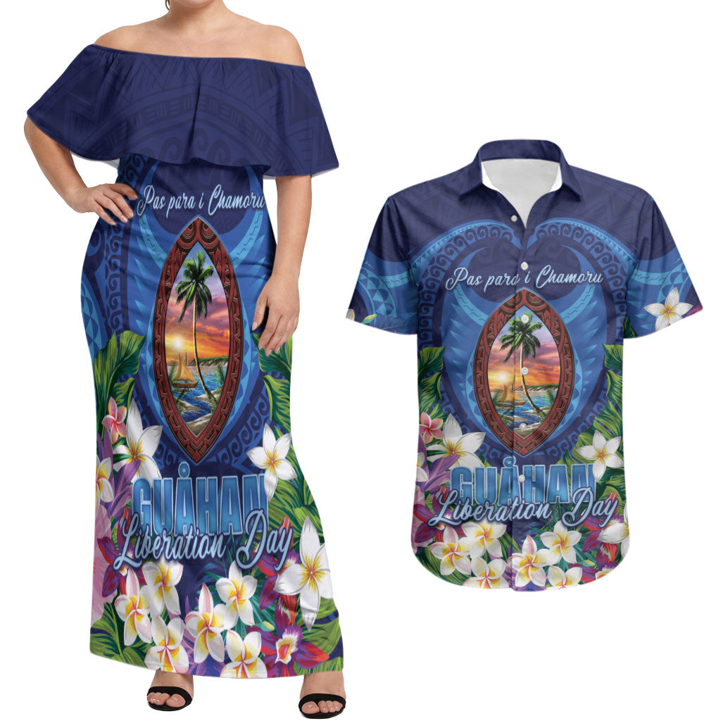 Guam Liberation Day Couples Matching Off Shoulder Maxi Dress and Hawaiian Shirt Pas Para I Chamoru