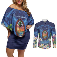 Guam Liberation Day Couples Matching Off Shoulder Short Dress and Long Sleeve Button Shirt Pas Para I Chamoru