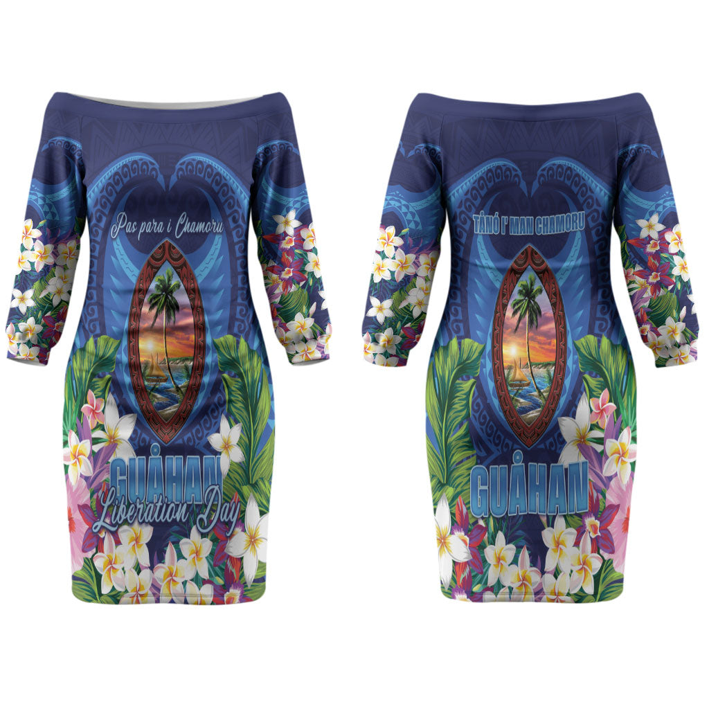 Guam Liberation Day Couples Matching Off The Shoulder Long Sleeve Dress and Hawaiian Shirt Pas Para I Chamoru
