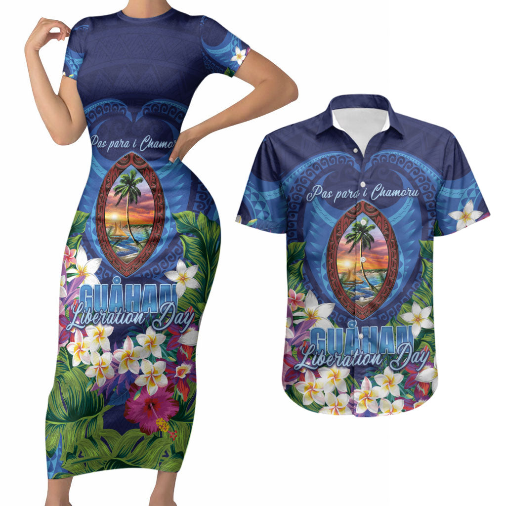 Guam Liberation Day Couples Matching Short Sleeve Bodycon Dress and Hawaiian Shirt Pas Para I Chamoru