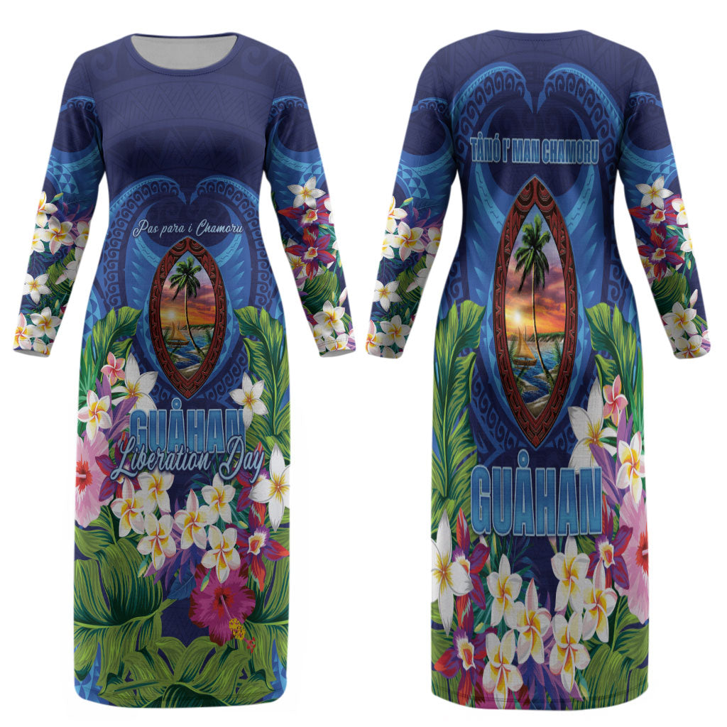 Guam Liberation Day Family Matching Long Sleeve Bodycon Dress and Hawaiian Shirt Pas Para I Chamoru