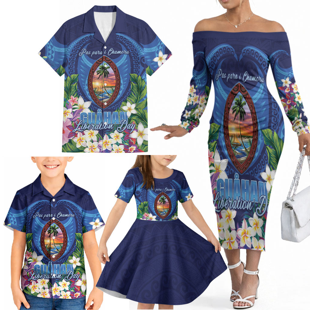 Guam Liberation Day Family Matching Off The Shoulder Long Sleeve Dress and Hawaiian Shirt Pas Para I Chamoru