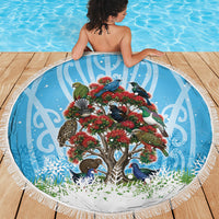 New Zealand Birds Christmas Beach Blanket Pohutukawa Xmas Tree