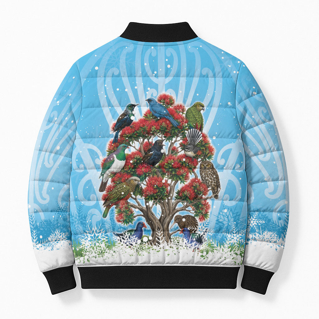 New Zealand Birds Christmas Bomber Puffer Jacket Pohutukawa Xmas Tree