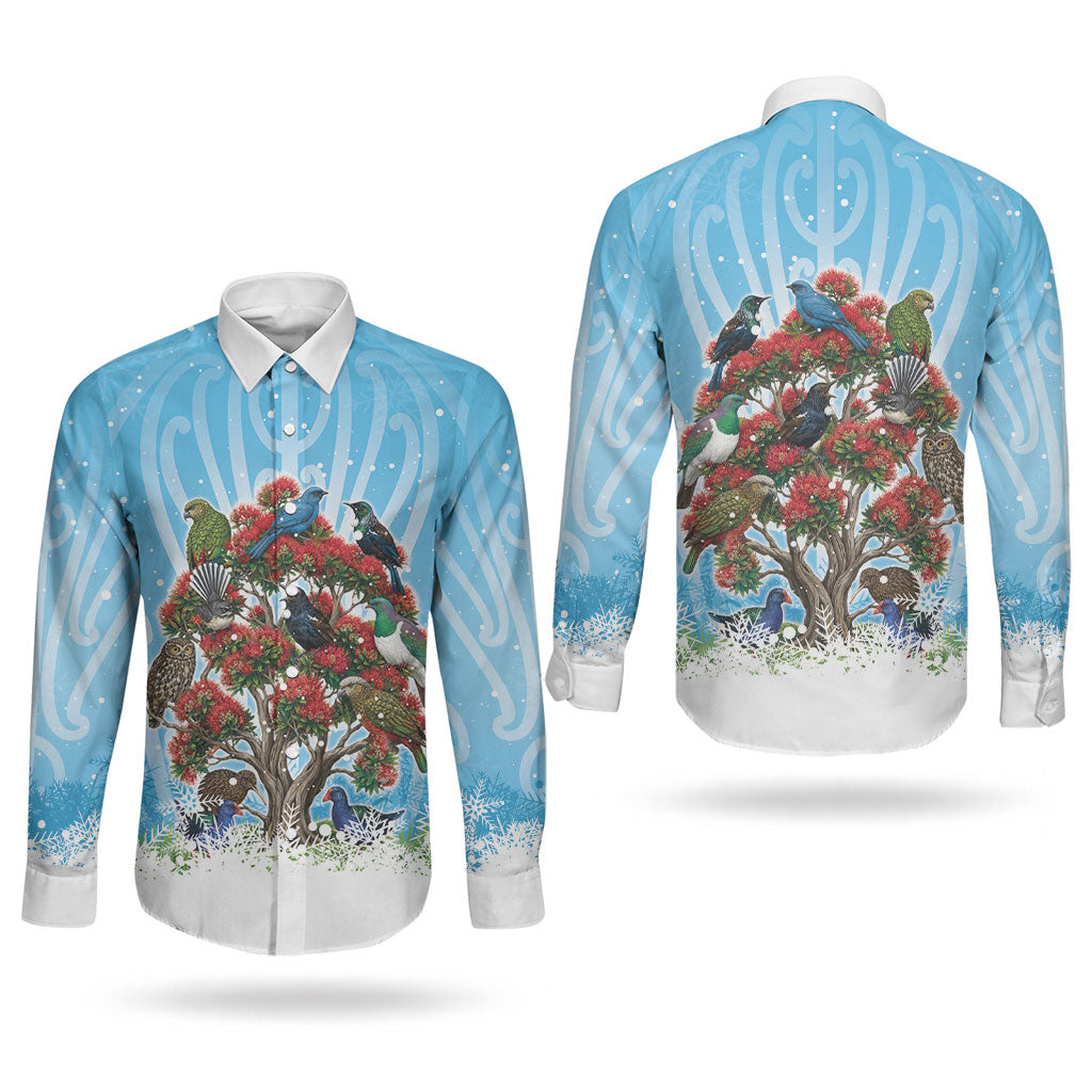 New Zealand Birds Christmas Couples Matching Mermaid Dress and Long Sleeve Button Shirt Pohutukawa Xmas Tree