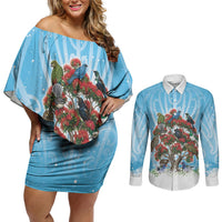 New Zealand Birds Christmas Couples Matching Off Shoulder Short Dress and Long Sleeve Button Shirt Pohutukawa Xmas Tree
