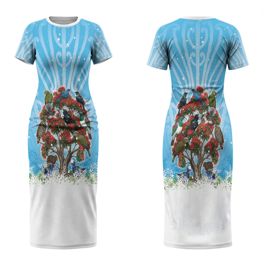 New Zealand Birds Christmas Couples Matching Short Sleeve Bodycon Dress and Hawaiian Shirt Pohutukawa Xmas Tree
