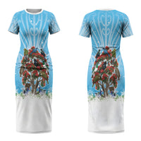 New Zealand Birds Christmas Couples Matching Short Sleeve Bodycon Dress and Hawaiian Shirt Pohutukawa Xmas Tree