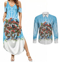 New Zealand Birds Christmas Couples Matching Summer Maxi Dress and Long Sleeve Button Shirt Pohutukawa Xmas Tree