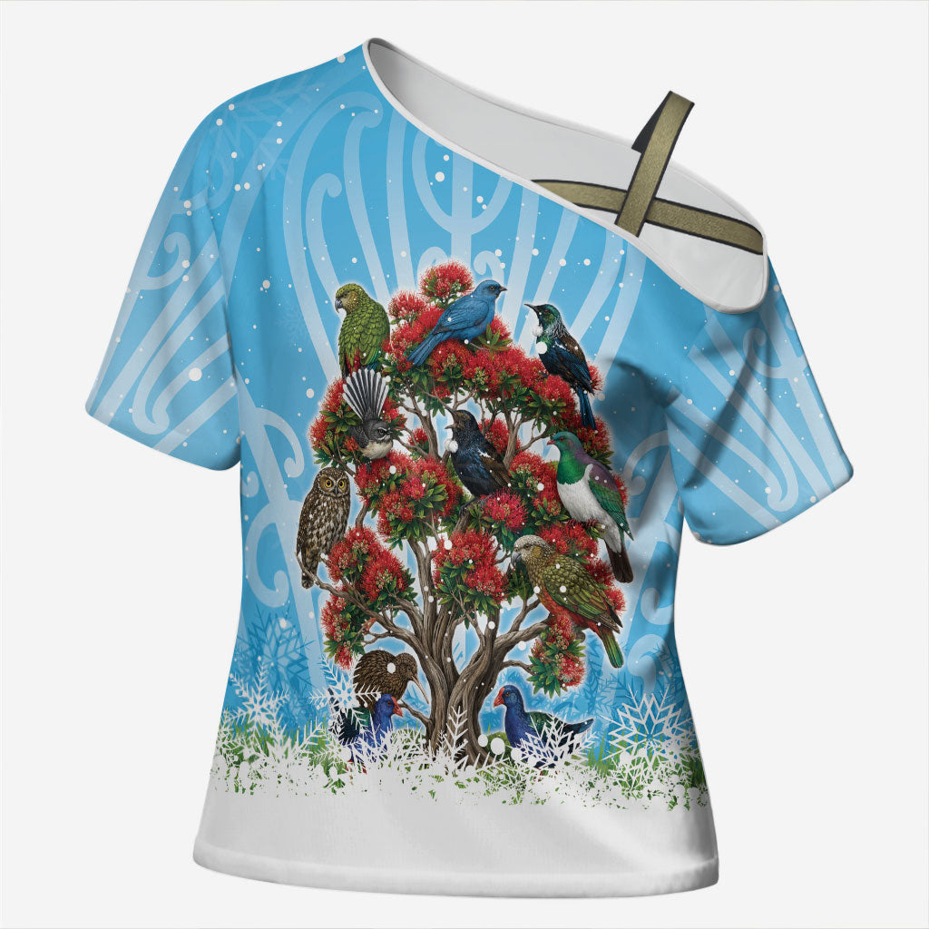 New Zealand Birds Christmas Cross Shoulder Shirt Pohutukawa Xmas Tree