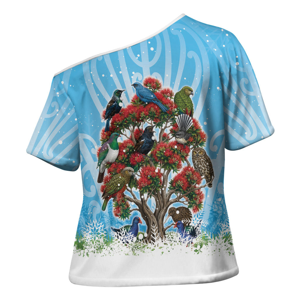 New Zealand Birds Christmas Cross Shoulder Shirt Pohutukawa Xmas Tree