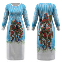 New Zealand Birds Christmas Family Matching Long Sleeve Bodycon Dress and Hawaiian Shirt Pohutukawa Xmas Tree