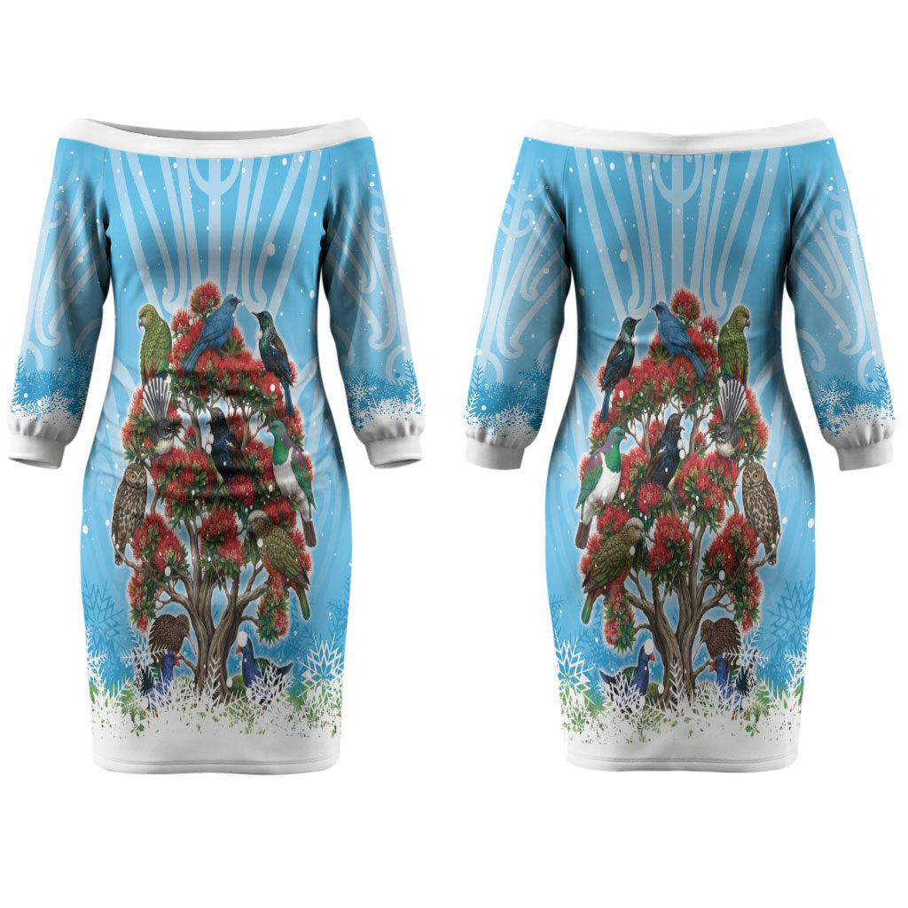 New Zealand Birds Christmas Family Matching Off The Shoulder Long Sleeve Dress and Hawaiian Shirt Pohutukawa Xmas Tree