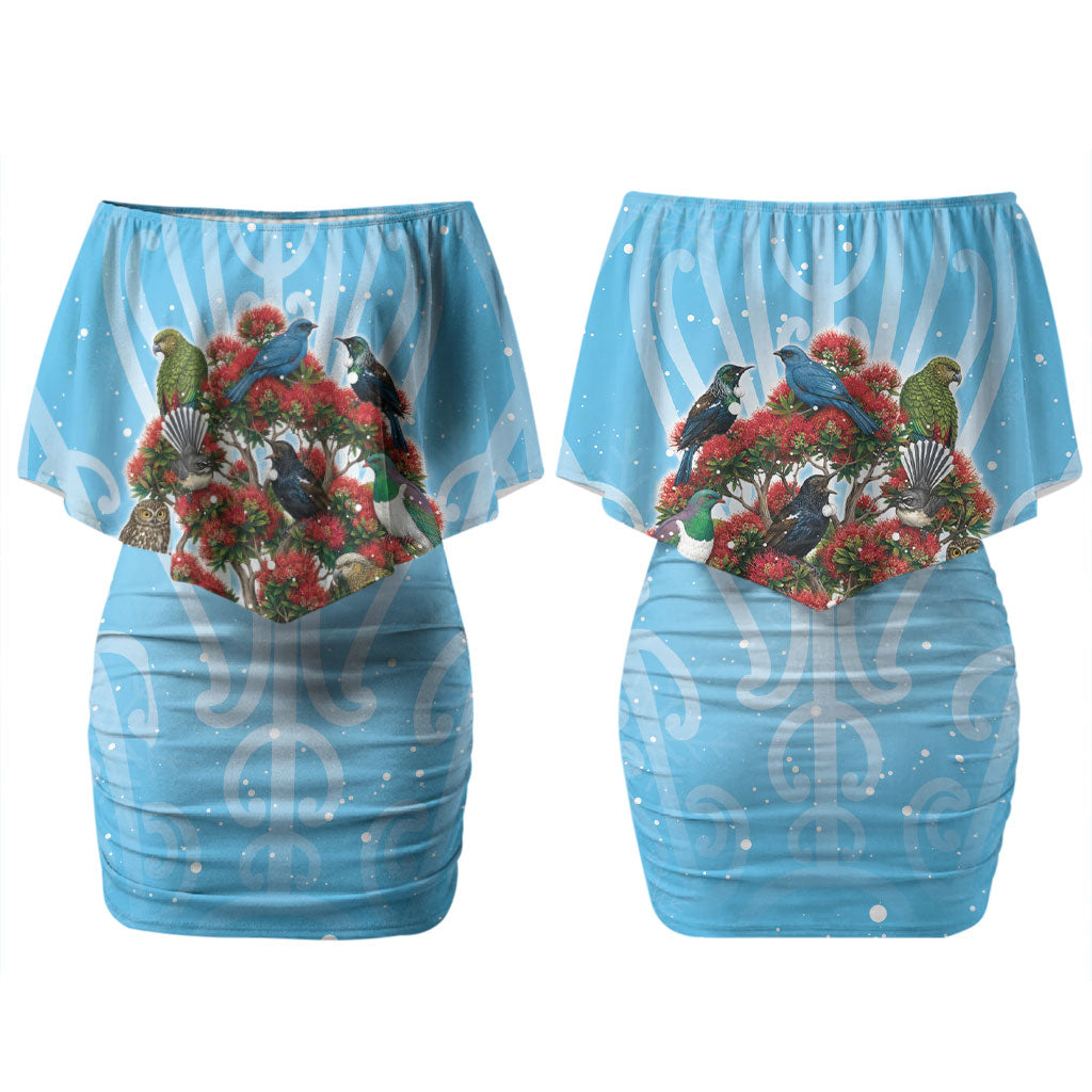 New Zealand Birds Christmas Family Matching Off Shoulder Short Dress and Hawaiian Shirt Pohutukawa Xmas Tree