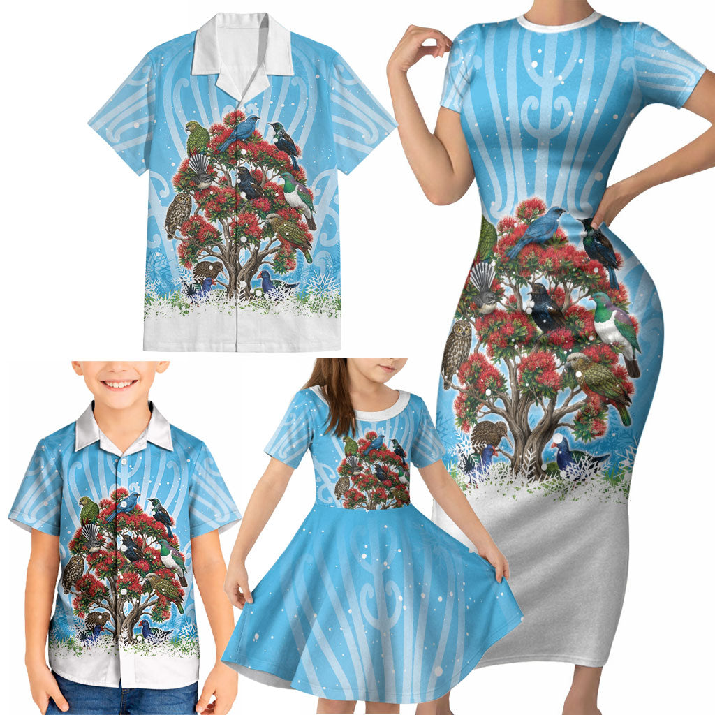 New Zealand Birds Christmas Family Matching Short Sleeve Bodycon Dress and Hawaiian Shirt Pohutukawa Xmas Tree