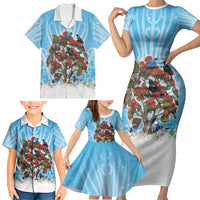 New Zealand Birds Christmas Family Matching Short Sleeve Bodycon Dress and Hawaiian Shirt Pohutukawa Xmas Tree