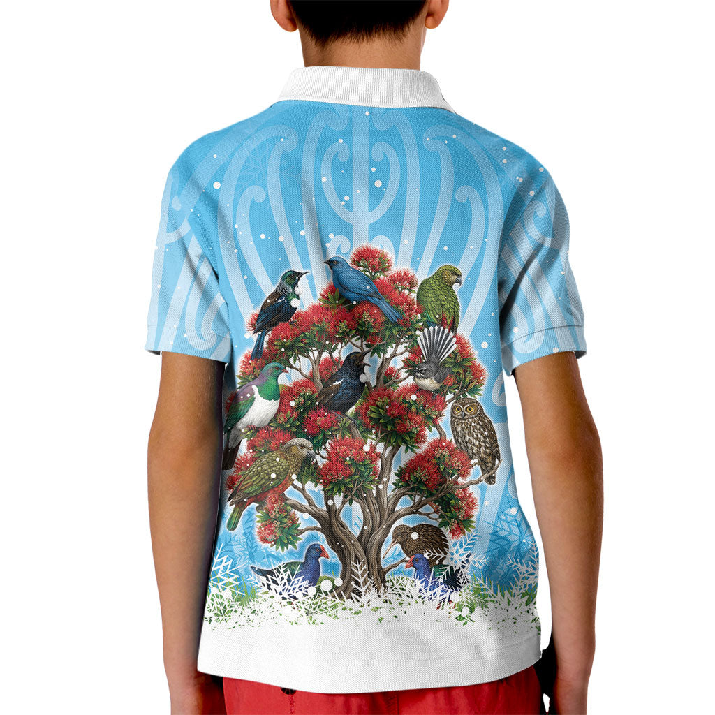 New Zealand Birds Christmas Kid Polo Shirt Pohutukawa Xmas Tree