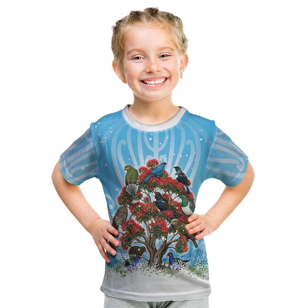New Zealand Birds Christmas Kid T Shirt Pohutukawa Xmas Tree