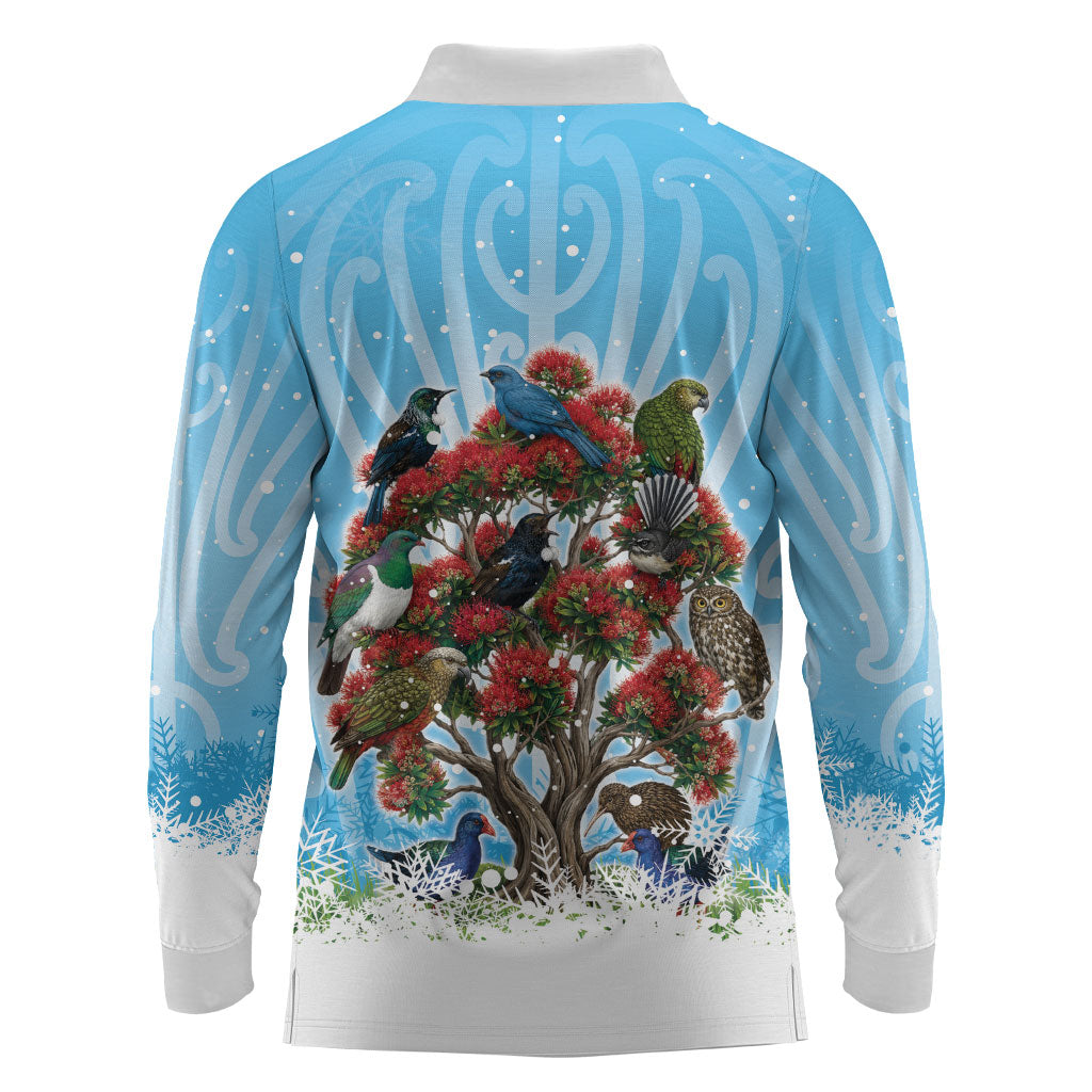 New Zealand Birds Christmas Long Sleeve Polo Shirt Pohutukawa Xmas Tree