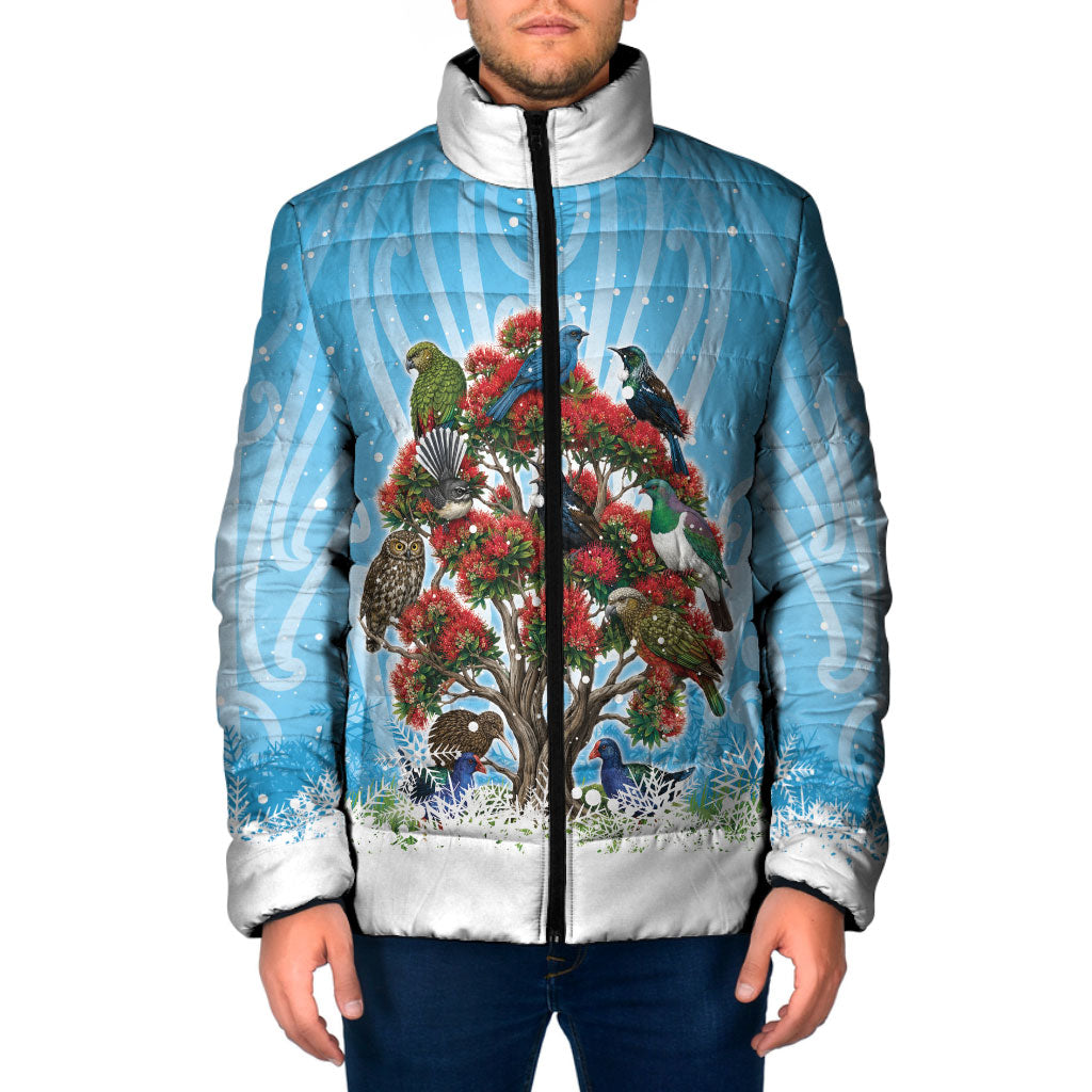 New Zealand Birds Christmas Padded Jacket Pohutukawa Xmas Tree