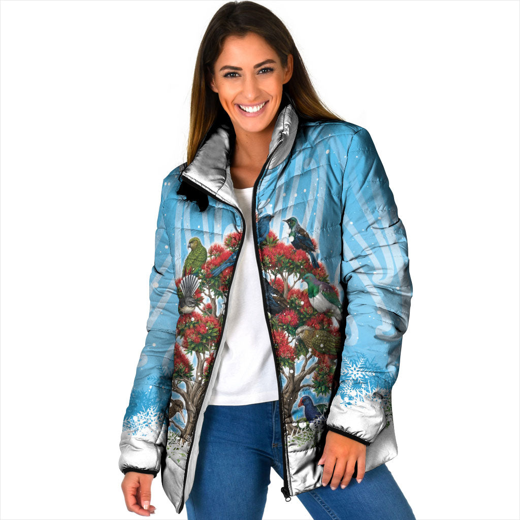 New Zealand Birds Christmas Padded Jacket Pohutukawa Xmas Tree