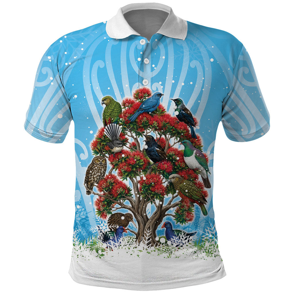 New Zealand Birds Christmas Polo Shirt Pohutukawa Xmas Tree