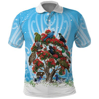 New Zealand Birds Christmas Polo Shirt Pohutukawa Xmas Tree