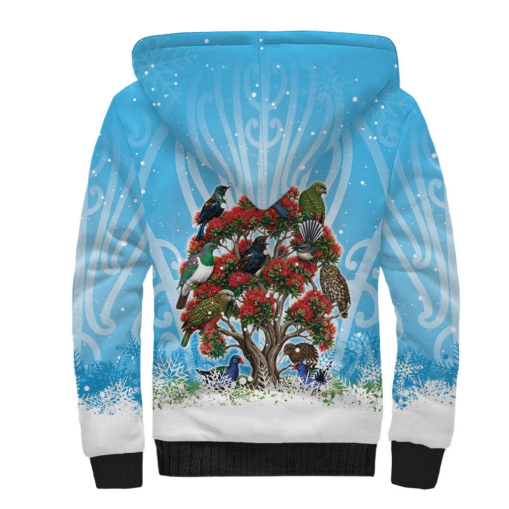 New Zealand Birds Christmas Sherpa Hoodie Pohutukawa Xmas Tree