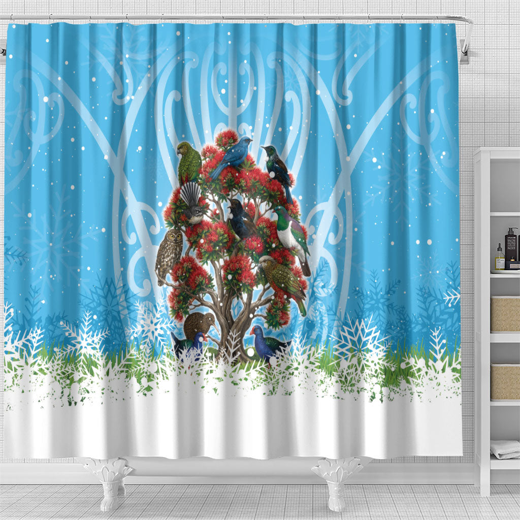 New Zealand Birds Christmas Shower Curtain Pohutukawa Xmas Tree