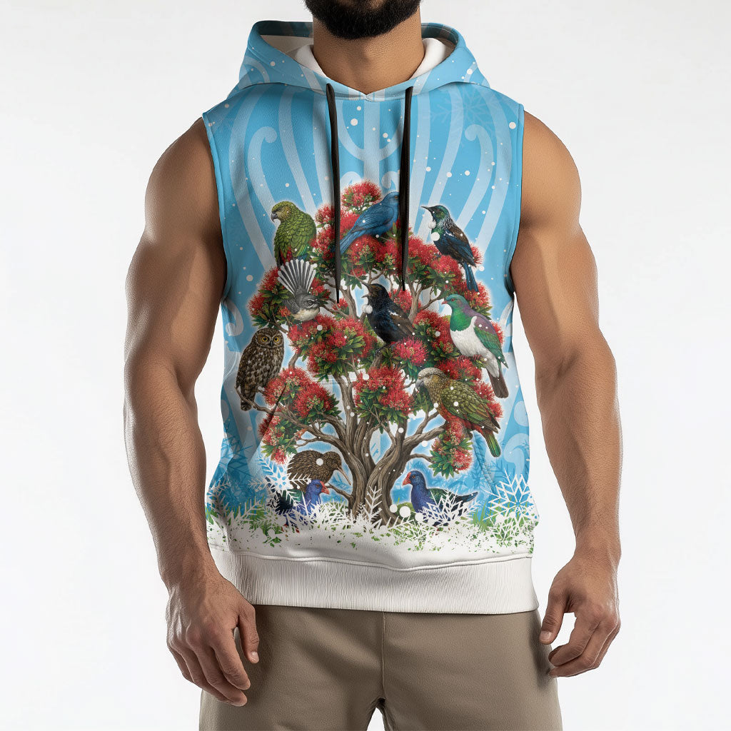 New Zealand Birds Christmas Sleeveless Hoodie Pohutukawa Xmas Tree