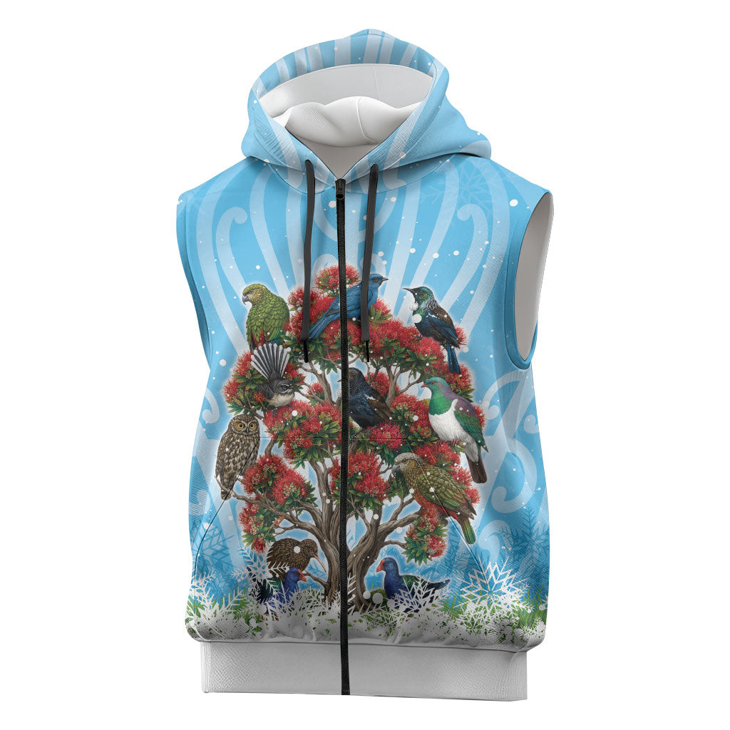 New Zealand Birds Christmas Sleeveless Zip Hoodie Pohutukawa Xmas Tree
