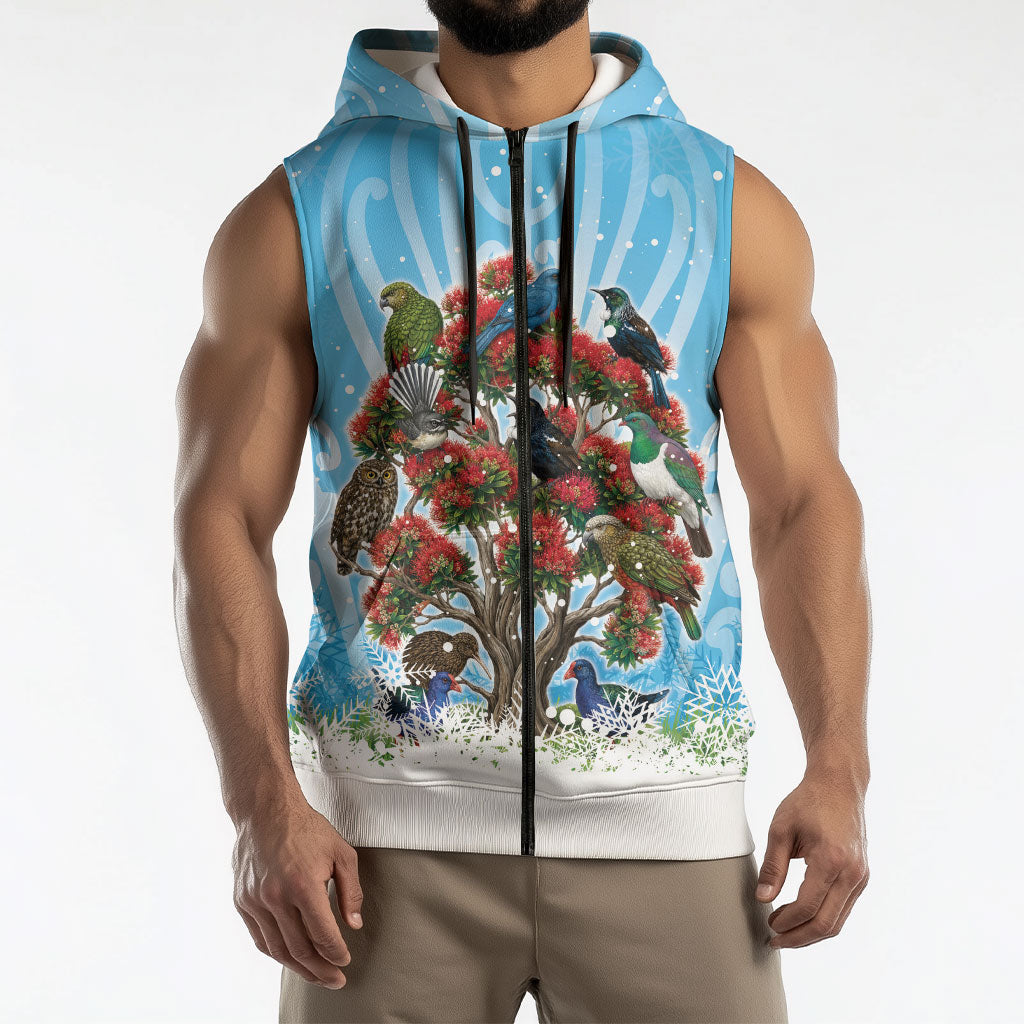 New Zealand Birds Christmas Sleeveless Zip Hoodie Pohutukawa Xmas Tree