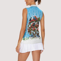 New Zealand Birds Christmas Women Sleeveless Polo Shirt Pohutukawa Xmas Tree