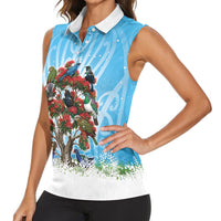 New Zealand Birds Christmas Women Sleeveless Polo Shirt Pohutukawa Xmas Tree