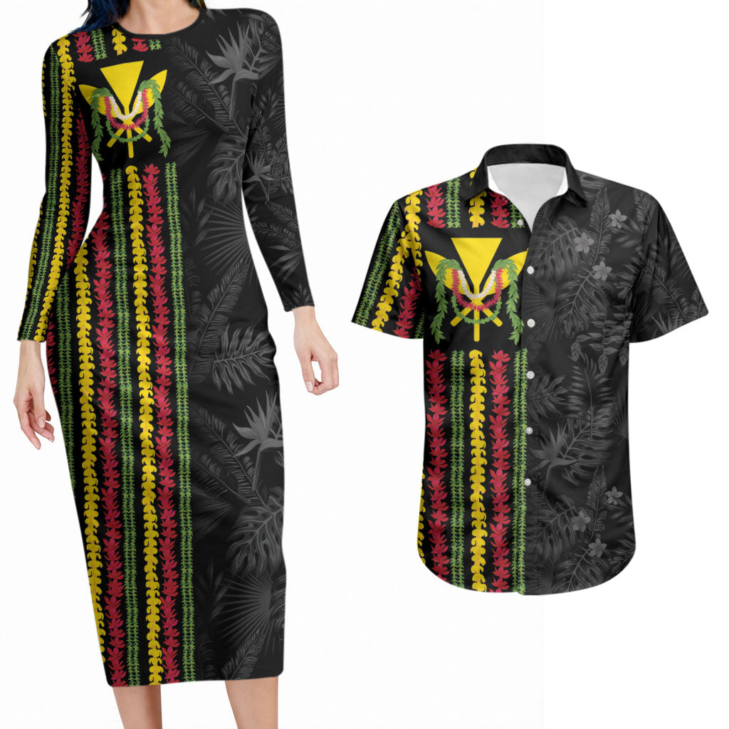 Hawaii Lei Kanaka Maoli Flag Couples Matching Long Sleeve Bodycon Dress and Hawaiian Shirt Tropical Vibes