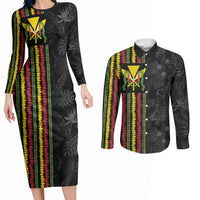 Hawaii Lei Kanaka Maoli Flag Couples Matching Long Sleeve Bodycon Dress and Long Sleeve Button Shirt Tropical Vibes