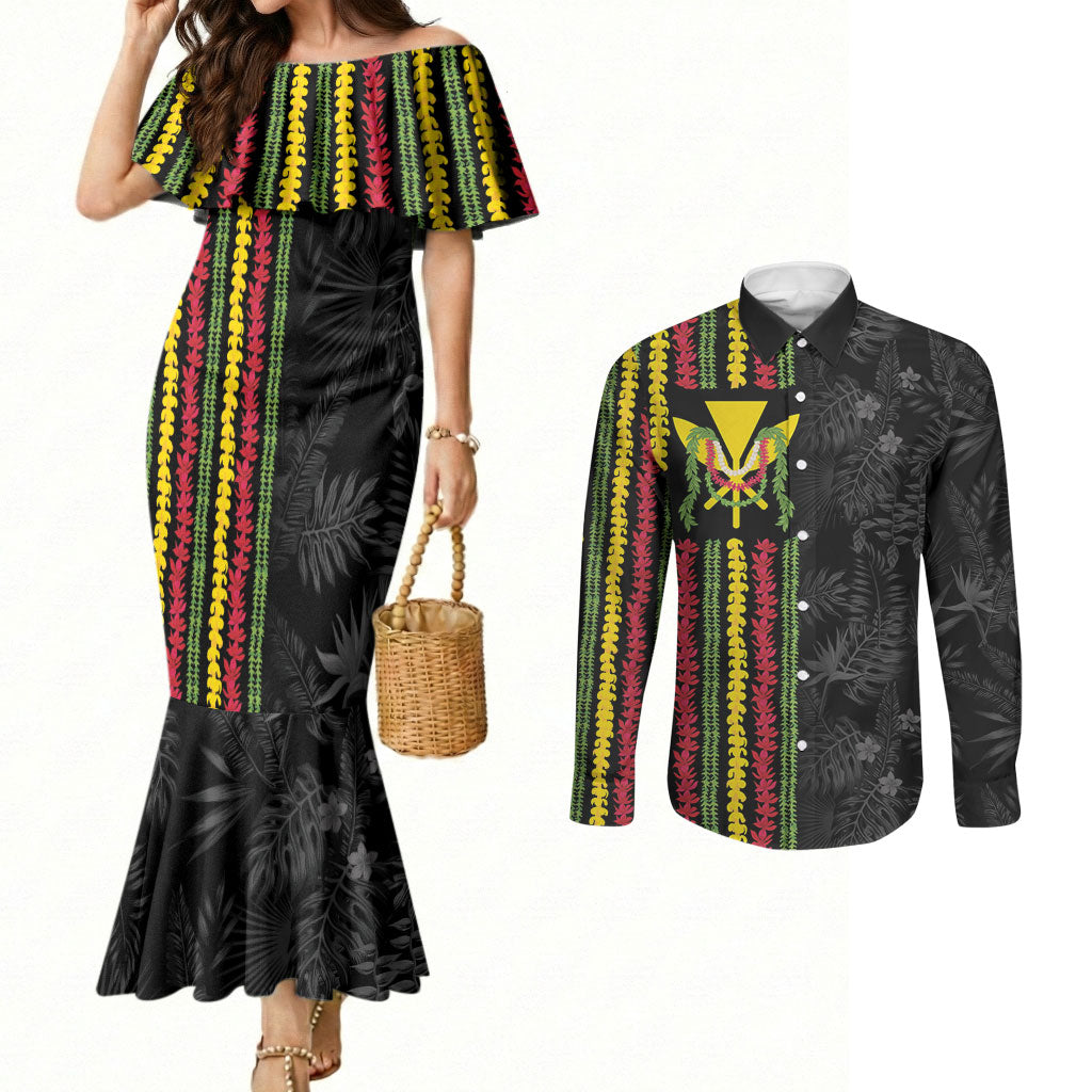Hawaii Lei Kanaka Maoli Flag Couples Matching Mermaid Dress and Long Sleeve Button Shirt Tropical Vibes