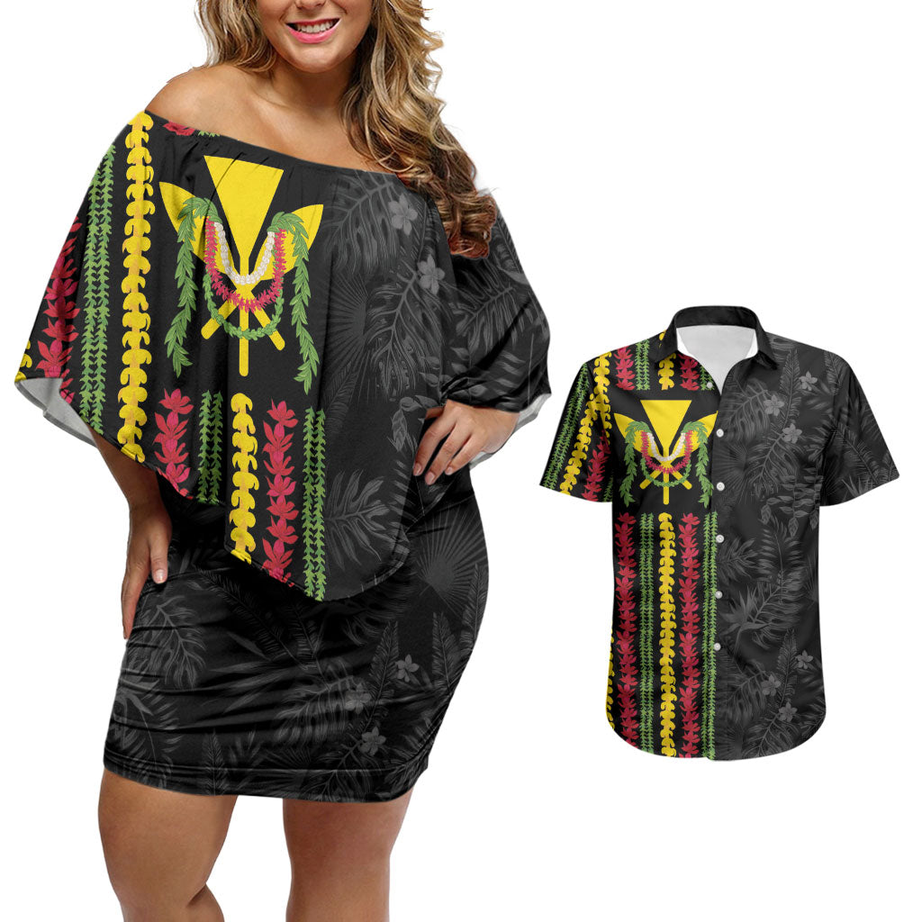 Hawaii Lei Kanaka Maoli Flag Couples Matching Off Shoulder Short Dress and Hawaiian Shirt Tropical Vibes