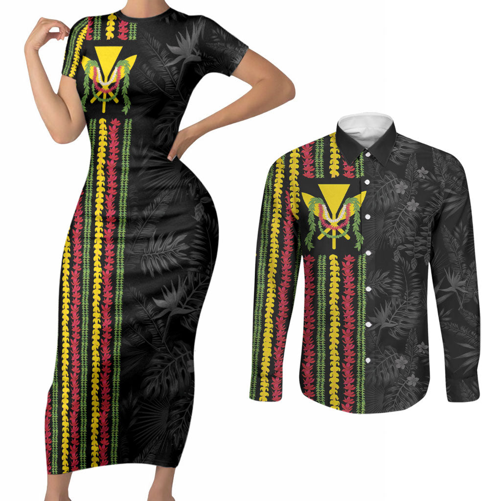 Hawaii Lei Kanaka Maoli Flag Couples Matching Short Sleeve Bodycon Dress and Long Sleeve Button Shirt Tropical Vibes LT05 Black - Polynesian Pride